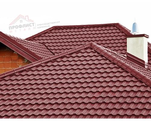 Металлочерепица модульная квинта Uno c 3D резом 0,5 Satin RAL 3011 коричнево-красный.