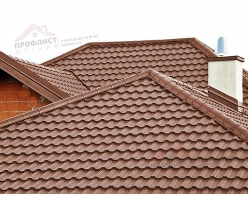 Металлочерепица модульная квинта Uno c 3D резом 0,45 Drap RAL 8004 терракота.