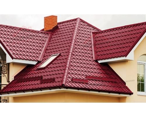 Металлочерепица камея 0,45 PE RAL 3003 рубиново-красный.
