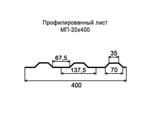 Профнастил МП20 с нестандартной шириной 0,40 м толщина 0,4 оцинкованный